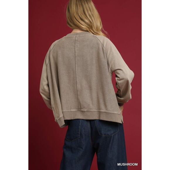 Umgee Mineral Wash Crew Neckline Relaxed Fit French Terry Sweatshirt | Mushroom - Picture 3 of 6